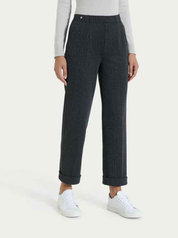 PANTALONE GESSATO DRITTO CON TASCHE IN ECO JACQUARD